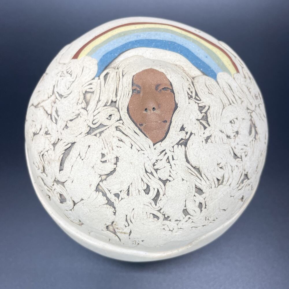 c.1995 Jude Holdsworth Rainbow Face Trinket Box 5.5" x 5" Art Pottery No Stamp
